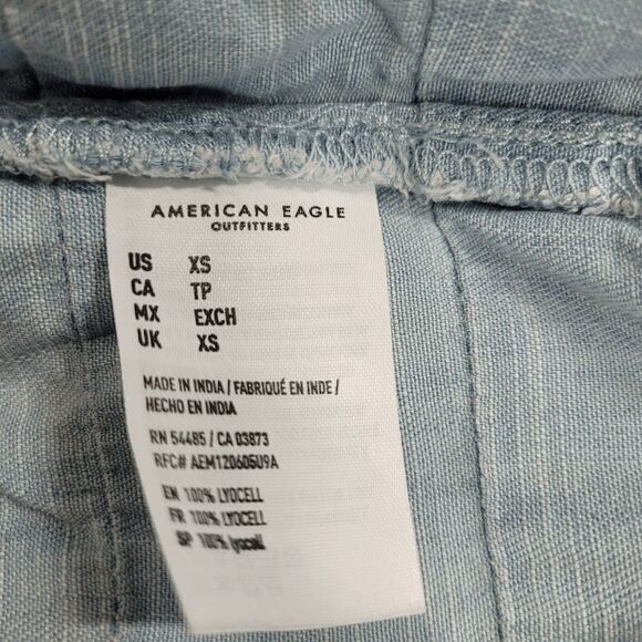 American Eagle Blue Chambray Denim Flowy Ruffle Blouse Size X-Small - Picture 7 of 8